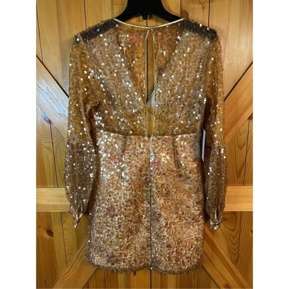 FREE PEOPLE Stars Align Mini Dress 4 Brown Golden Sequin Floral Embroidered nwt - Picture 11 of 14